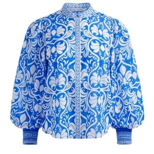 Alice + Olivia April Pleated Blouson-Sleeve Top NWT Sz Large #Relaxed Fit